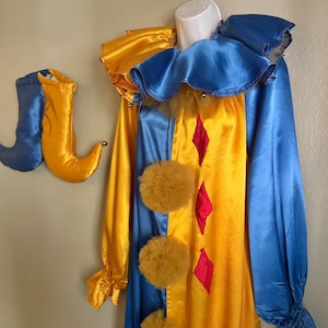 Vintage Rayon Satin Jester Clown Costume, W/ hat & Ruff, Adult M - XL, 58 length/56 underarm