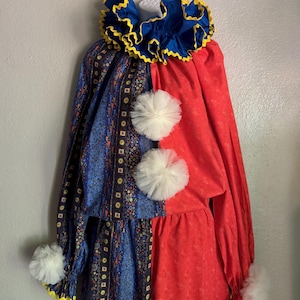 Vintage Harlequin Clown Costume, Complete with Neck Ruff & Pompoms, Adult, M - XL/XXL