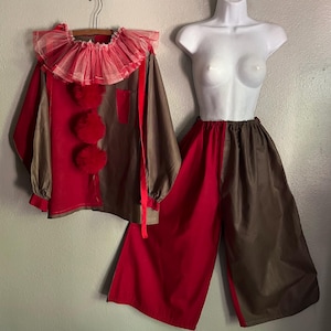 Vintage 1920s Harlequin Clown Costume, Blouse/jacket, Wide Pants & Ruffle, Adult M - XL+, Underarm 54/Waist to 38