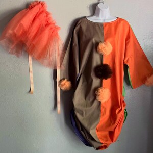Vintage Clown Costume w/ Tulle Neck Ruffle, Pompoms, Vintage Harlequin Clown Dress, Adult M - L