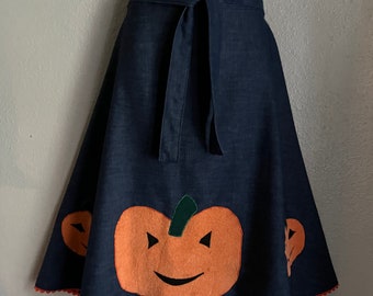 Vintage Homemade Halloween Costume, Halloween Party Skirt, Jack-O-Lanterns JOL’s Pumpkin Appliqués, M