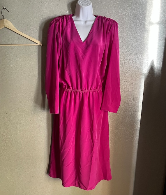 Vintage 1970s 1980s Ruched Party Holiday Dress, Elastic Waistband, Lovely Pink, Size 12