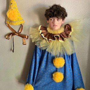 Vintage Homemade Harlequin Clown Costume, Tulle Neck Ruffle, Pompoms & Hat, Adult M - L