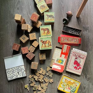 Vintage Antique Edwardian 1920s Toys, Clown Dominos, Nesting Boxes, Wood ABC Blocks, Games, Puzzle, Extras