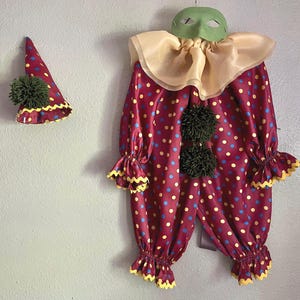 Vintage Clown Costume, Homemade Rayon Satin Costume w/ Hat, Silk Chiffon Ruff, Pompoms, Child Small