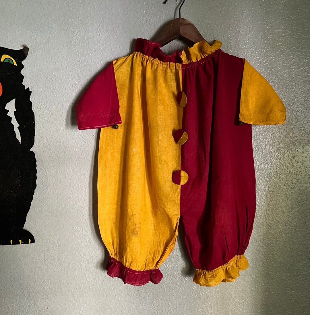 Vintage 1920s Halloween Costume, Childs Clown Pierrot Jumper W/ Bells