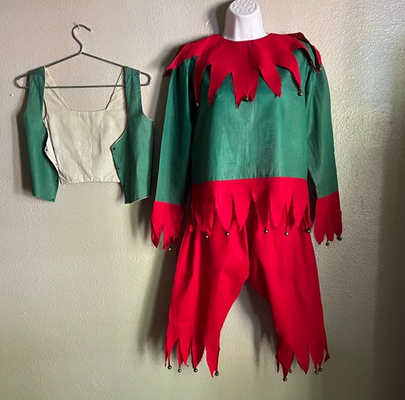 Vintage 1920’s Cotton Clown Jester Costume, Antique Bells, 4 Pieces, Vintage Elf, XS