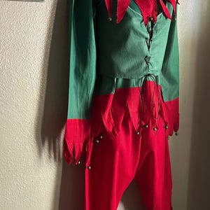 May include: A green and red jester costume with a red collar and bell accents. The costume has a green long-sleeved shirt and red pants with a jagged hem.
