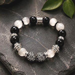 Black Onyx & Gray Cat's Eye Bracelet with Bali Beads and Rhinestone Spacers