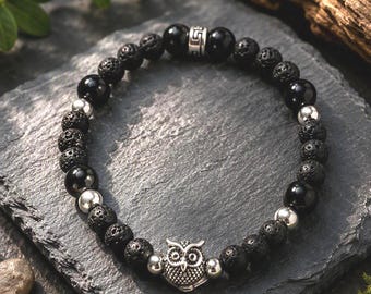 Night Owl Bracelet with Onyx & Lava Rock Gemstone Beads, Handmade Jewelry