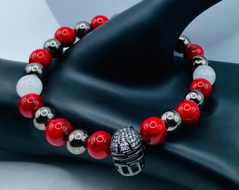 Tampa Bay Buccaneers Football Helmets Charm Bracelet with Natural Hematite, White Jade and Red Turquoise Gemstone Beads
