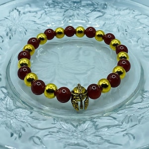 USC Trojans Bracelet: Red Carnelian & Gold Spartan Helmet Beaded Bracelet
