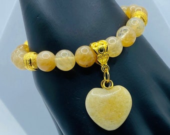 Rutilated Quartz Heart Charms Bracelet with 18K Gold Plated Spacer Beads - Love Bracelet - Gifts for Her