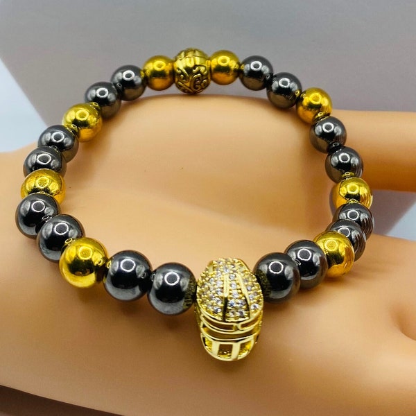 Pittsburgh Steelers 18k Gold Plated Hematite Bracelet with CZ Inlaid Silver Football Helmet - Mens Jewelry