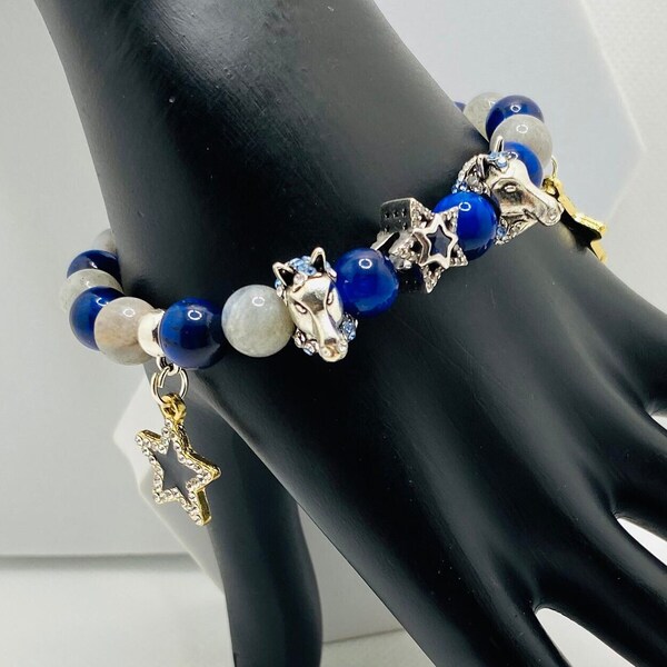 Dallas Cowboys Charm Bracelet with Star Jewelry & Horse Charms and Tigers Eye, Labradorite Gemstone Beads