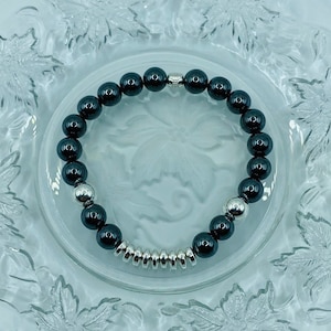 Mens Hematite Beaded Bracelet: Silver Plated Gemstone Jewelry