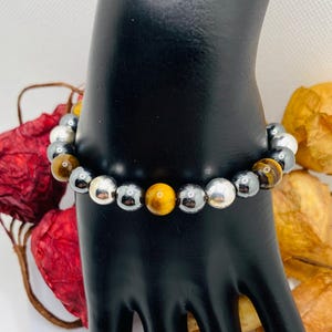 Mens Tigers Eye & Hematite Beaded Bracelet - Handmade Gemstone Jewelry