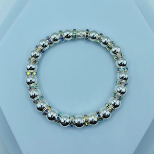 Mens Silver Hematite Bracelet with Rhinestone Accents
