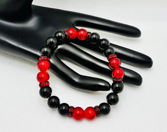 Red Agate Bracelet Black Onyx Gemstone with Rhinestone Spacers - Handmade Crystal Jewelry Gift