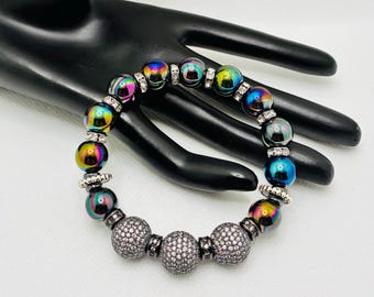 Men's 12mm Black AB Gumball Iridescent Beaded Bracelet, Gunmetal Micro Paved Clear CZ Beads