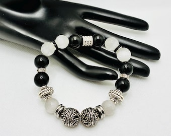 Black Onyx & Gray Cat's Eye Bracelet with Bali Beads and Rhinestone Spacers