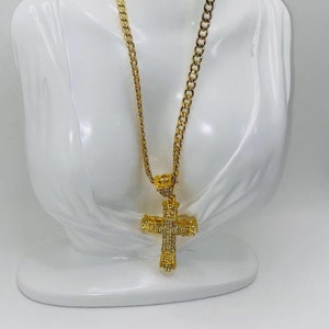 Gold Cross Necklace: Rhinestone Cuban Link Chain, Religious Jewelry