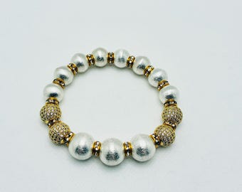 Men's Bracelet Silverplated Copper Gemstone Beads with Gold Micro Paved CZ Bead Spacers