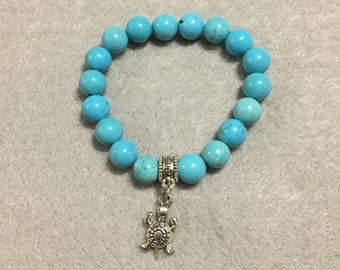 Turquoise Bracelet: Sea Turtle Charm, Gemstone Beaded Jewelry