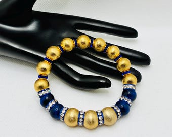 Men's Brushed Gold-Plated Copper Bracelet with Blue Tigers Eye Gemstone Beads & Rhinestone Spacers