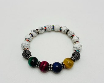 Men's Tiger's Eye & Howlite Bracelet with Gunmetal Micro Paved CZ Beads Unisex Rainbow Jewelry