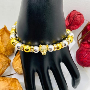 Tiger Charm Bracelet: Gold & Silver Hematite Beads, Cubic Zirconia