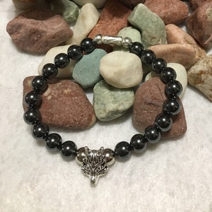 Silver Wolf Charm Bracelet with Hematite Gemstone Beads