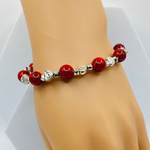 Red Turquoise Bracelet with White Gold Heart Charms