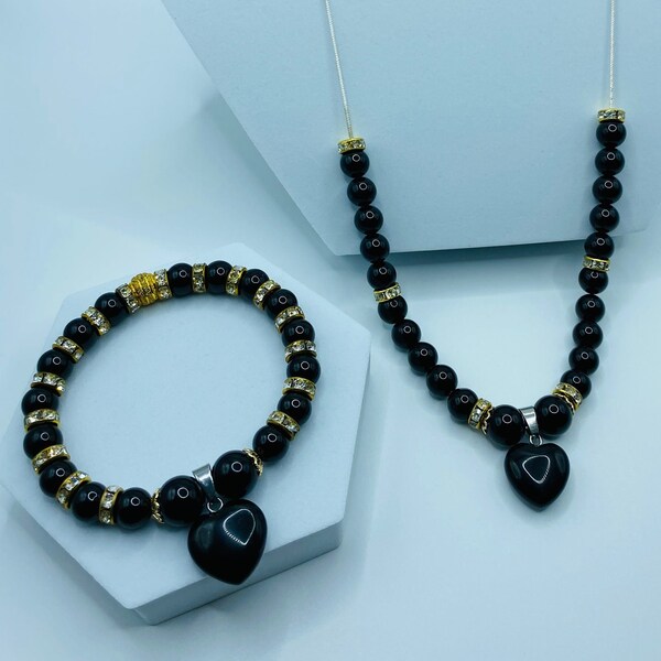 Black Onyx Necklace and Black Onyx Bracelet Gemstone Jewelry Set with Onyx Heart Charms - Beaded Necklace - Rhinestones