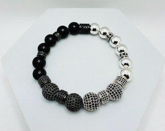 Men's Black Onyx & Silverplated Hematite Bracelet with Micro Paved CZ Bling Beads