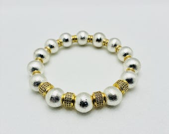Men's Bracelet Silverplated Copper Gemstone Beads with Gold Micro Paved CZ Barrel Bead Spacers