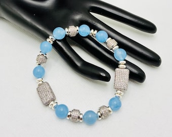 Blue Chalcedony Gemstone Bracelet, Micro Paved CZ Rectangular Bead Spacer, CZ Barrel Beads