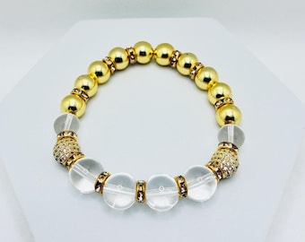 Crystal Quartz Bracelet with Gold-Plated Hematite Gemstones & Golden Micro Paved CZ Bling Beads