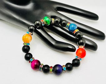 Men's Tiger's Eye & Black Onyx Bracelet with Unisex Rhinestone Spacers, Rainbow Jewelry
