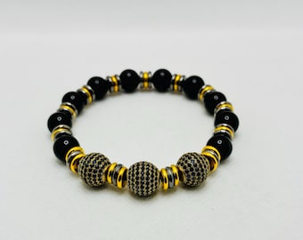 Men's Onyx Gemstone Bracelet, Gold on Black Micro Paved CZ Beads & Gold, Gunmetal Spacers