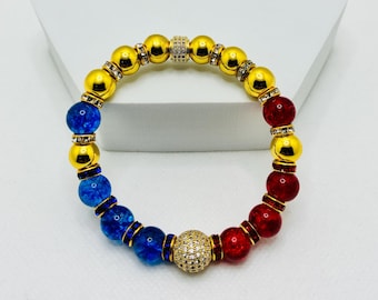 Hematite Glass & Quartz Beaded Bracelet - Micro Paved Gold Cubic Zirconia Beads - Gemstone Jewelry Gift