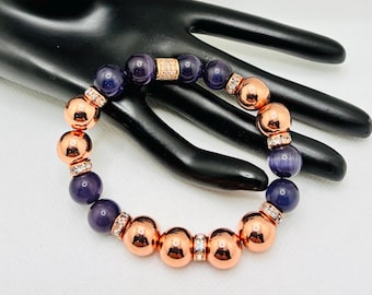 Men's Bracelet Rose Gold-Plated Hematite & Purple Cat's Eye Glass Stone Beads - Rhinestone Spacers
