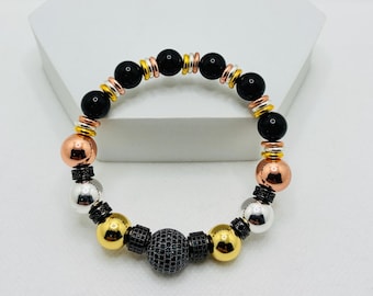 Men's Bracelet Hematite & Black Onyx Gemstone Beads, Black Cubic Zirconia Bead