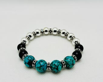 Blue Turquoise Bracelet with Natural Black Onyx & Silver-Plated Hematite Gemstones Beads