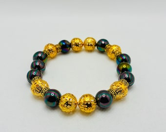 Men's Gold Plated 12mm Filigree Hollow Bead Bracelet & 12mm Black AB Gumball Iridescent Beads