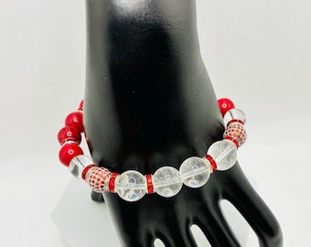 Red Jade Bracelet with Silverplated Red CZ Bling Beads & Clear Quartz Gemstone Crystals, Rhinestones