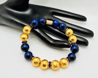 Men's Bracelet Brushed Gold-Plated Copper & Blue Tigers Eye Gemstone Beads - Rhinestone Spacers