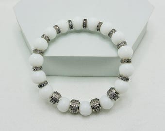 Mens White Onyx Gemstone Bracelet Rose Gold Cubic Zirconia Beaded Jewelry Gift