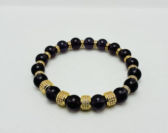 Mens Amethyst Bracelet, Gemstone Beads with Gold Micro Paved CZ Barrel & Bead Spacers