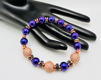 Rose Gold Micro Paved Cubic Zirconia Bracelet with Purple Glass Luster Pearl Beads, Unisex